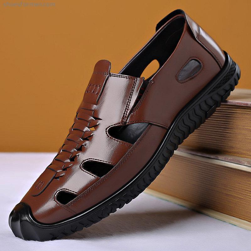 Men's cowhide sandals in summer men's casual shoes hollow and breathable leather shoes male middle and elderly Baotou hole shoes