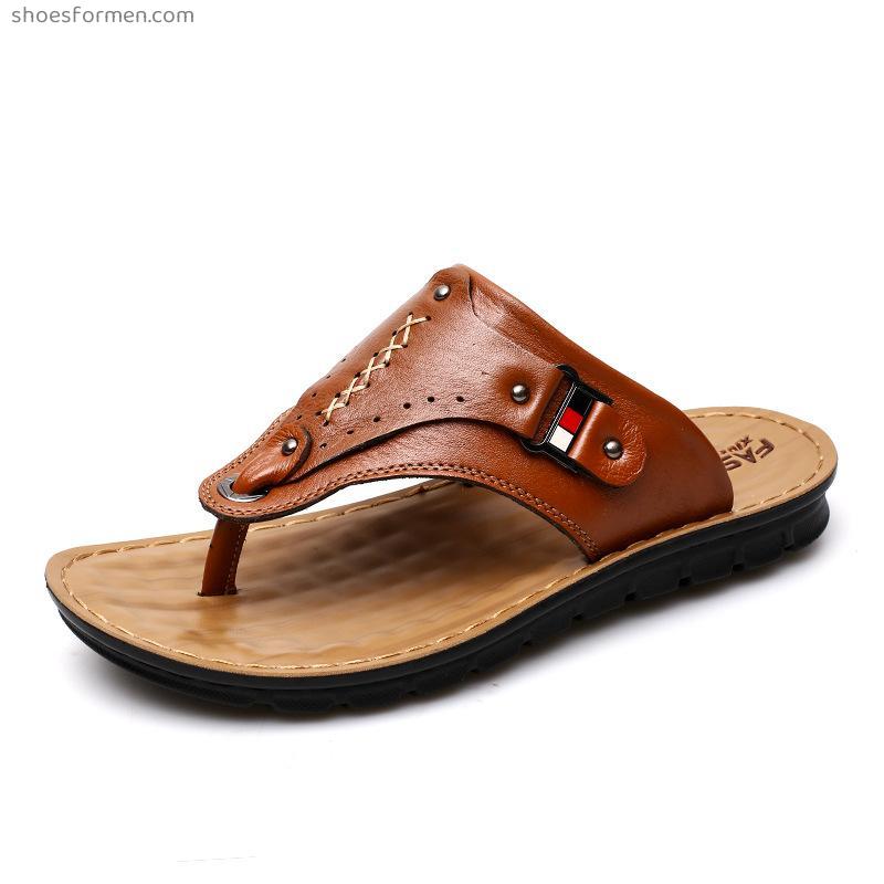 2022 Summer new product men's casual leather slippers pinch toe beach shoes leather sandals men's soft bottom tide
