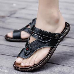 2022 Summer new sandals men's leather leather sand slippers trendy men's character slippers dual -use casual beach shoes