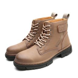 2022 men's Martin boots stitching round head yellow high -top cowhide boots men's leather in the thick soles of men's shoes