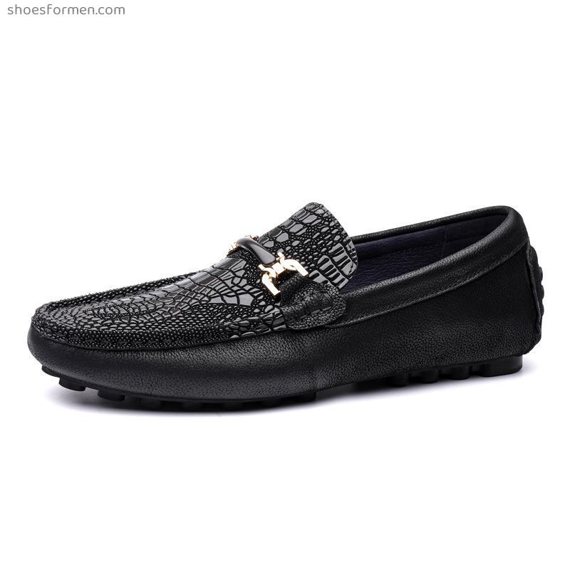 2022 new men's British fashion metal buckle crocodile pattern leather shoes, convenient set of soft soy bean shoes