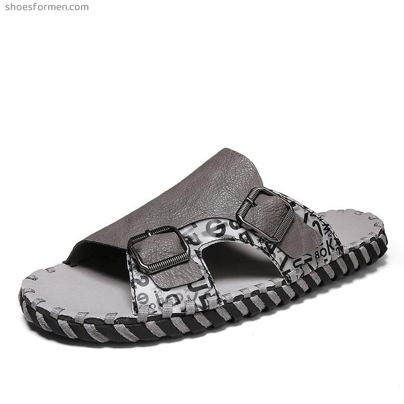 2022 new men's casual leather slippers trend Korean version of the word drag super fibrous outdoor beach cool drag summer men's shoes