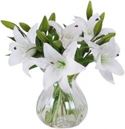 Artificial Flowers, 5 Pieces Real Touch Latex Artificial Lily Flowers In Vases Wedding Bouquets / Home Decor / Party / Graves Arrangement (white)