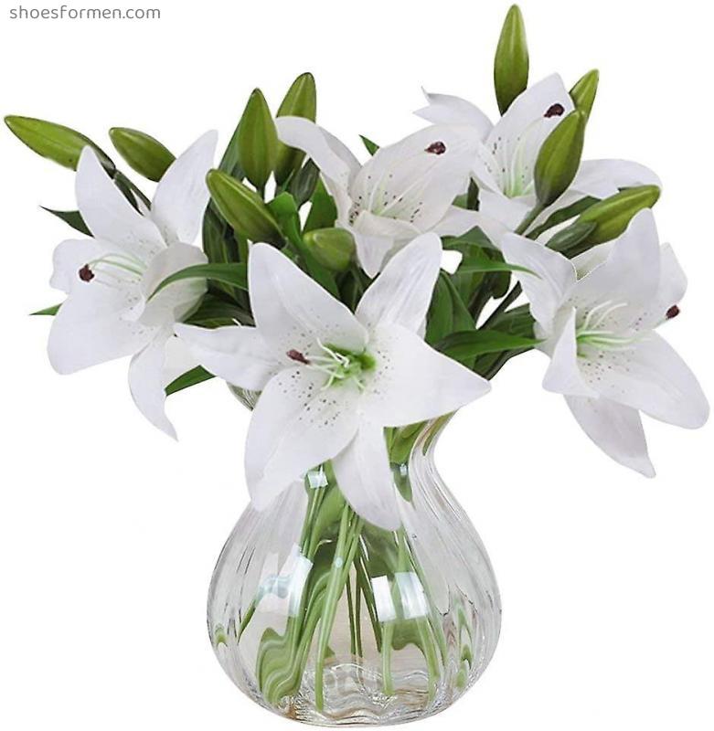 Artificial Flowers, 5 Pieces Real Touch Latex Artificial Lily Flowers In Vases Wedding Bouquets / Home Decor / Party / Graves Arrangement (white)