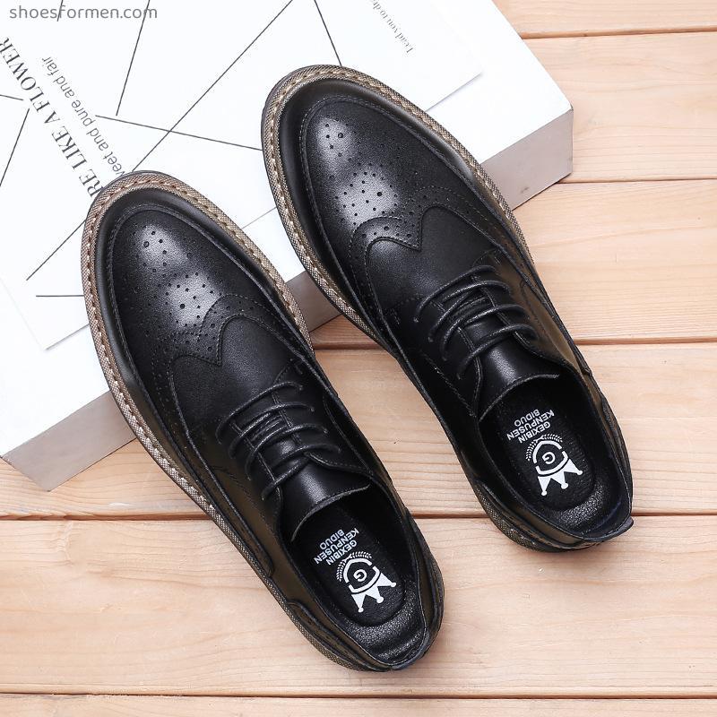 Autumn Bourke carved men's shoes British round head thick bottom tape youth black business dress casual shoes men