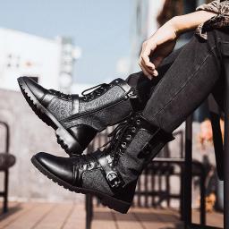 Autumn and winter Martin boots tide boots trend Korean version of men's leather boots with velvet warming workshoe medium high -top men's boots
