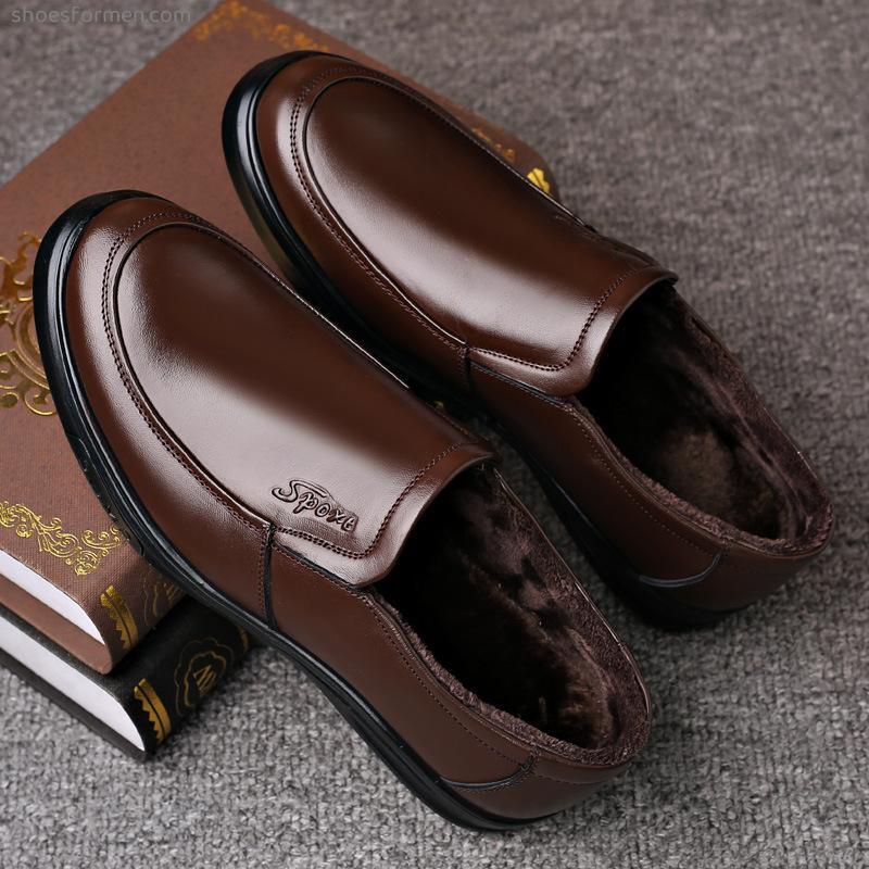 Autumn and winter new men's daily casual leather shoes men's real skin breathable shoes plus velvet warm cotton shoes Dad shoes