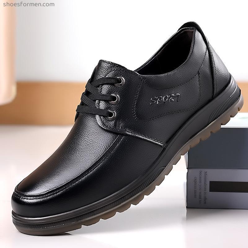 Autumn men's head layer leather round head male business casual shoes middle aged beef tendon bottom dad single shoes
