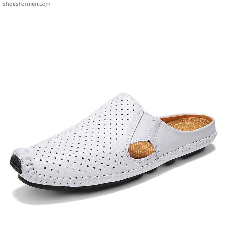 Baotou men's sandals hollow leather shoes breathable sandpiece leather shoes, soft soles, semi -lazy leather leather men's shoes hole shoes
