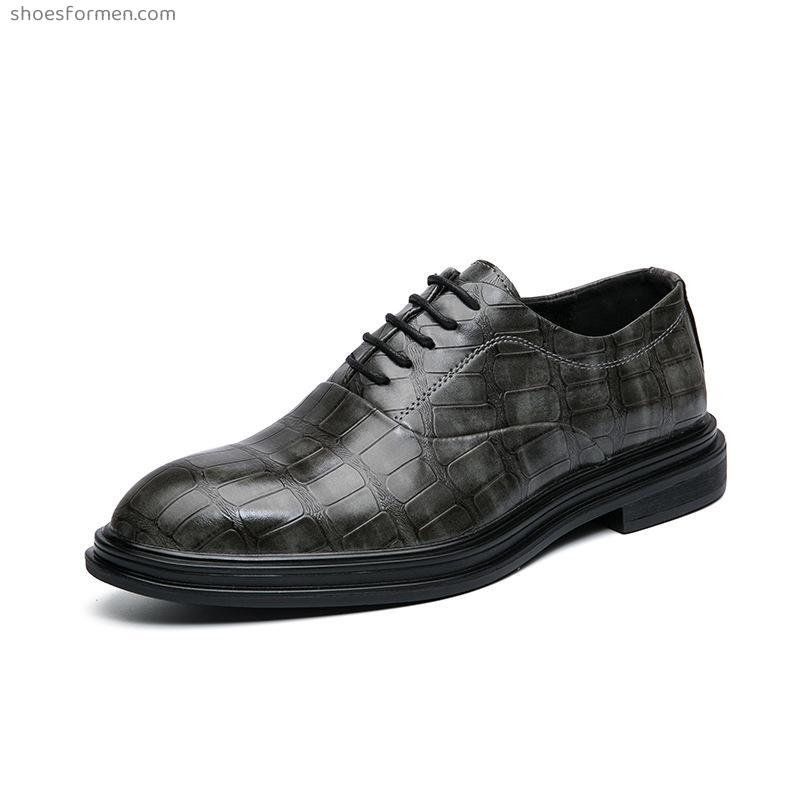 British fashion stone striped black leather shoes men's large size solid color business casual Oxford shoes