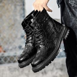 Crocodile pattern black Martin boots men's autumn and winter plus velvet warming British boots high -top leather boots in work short boots men's shoes
