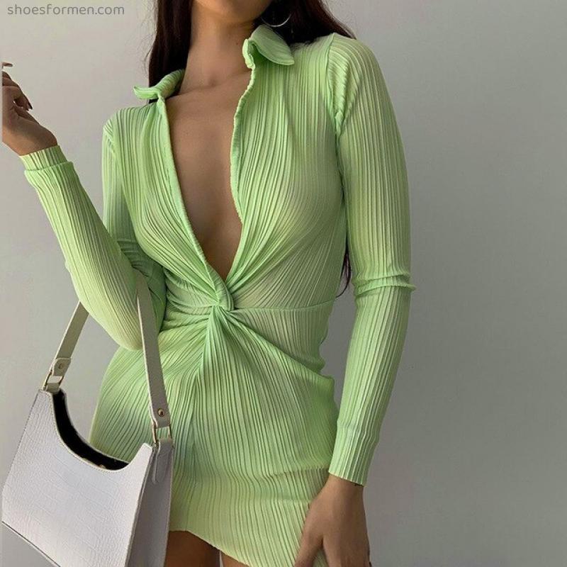 Fashion Turn-Down Collar Shirt Dress Ruched Sexy V Neck Button Up Mini Dresses Women Clothes Spring