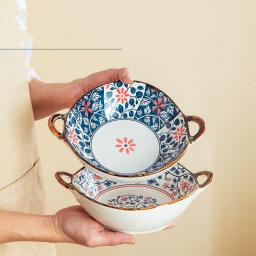 Japanese Irregular Soup Bowl Ceramic Tableware Household Retro Large Bowl Ramen Bowl Handle Soup Pot Can Be Microwaved