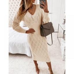 Knitted Sweater Dress Women Autumn V Neck Elegant Hollow Out Midi Party Dresses Winter