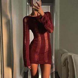 Knitted Tassel Summer Dresses For Women Hollow Out Long Sleeve Backless Sexy Party Club Casual Beach Outfits Top