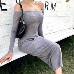 Ladies Sexy Off Shoulder Knitted Pencil Dress Angle Vintage Solid Skinny Slim Dresses Women Autumn