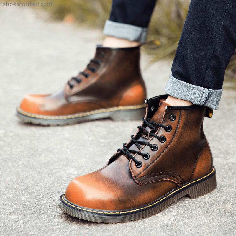 Large -size retro tide Martin boots men's middle helper 6 -hole men's short boots leather big head worker leather boots couple