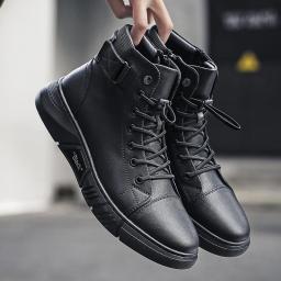 Leather black men's boots 2022 spring new high -top men's shoes Martin boots men's model plus velvet leather boots