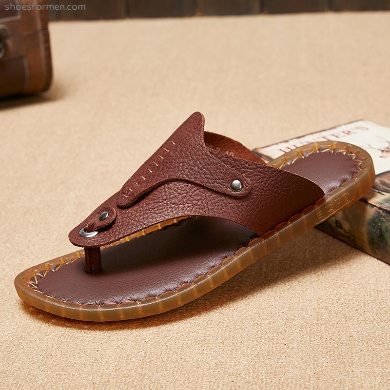 Leather people words Drag 2022 summer new men's online clip foot sandals beef tendon bottom comfortable slippers