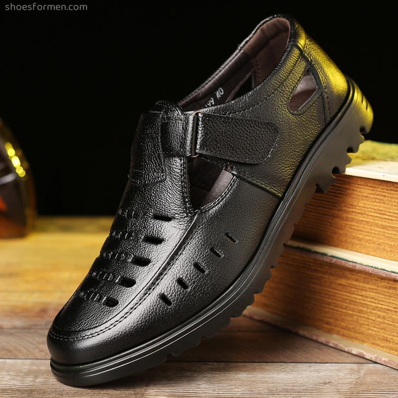 Leather shoes Men's leather in the elderly leather sandals large size hollow large non -slip hole special size dad shoes