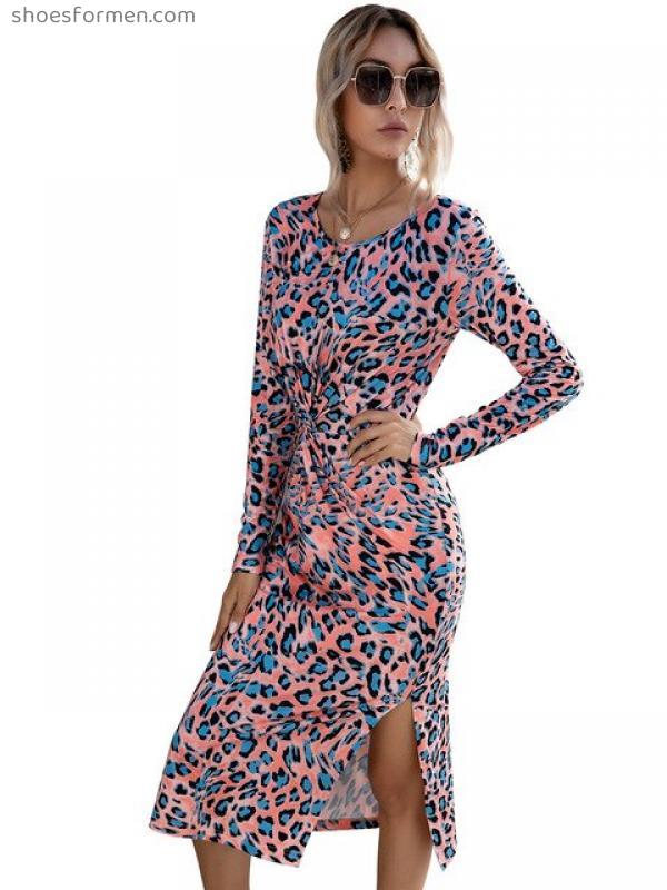 Leopard Slit Women Maxi Dress O Neck Fashion Autumn Dresses New Bodycon Robe Vintage Slim