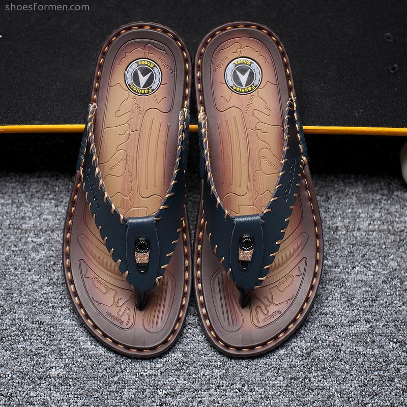 Men's flip-flops 趾 Slippers summer flat leather outdoor casual beach sandals large size