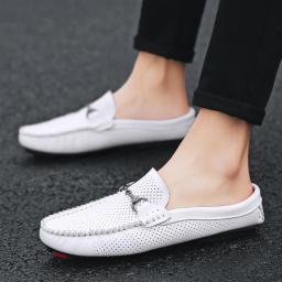 Men's half slippers Summer new hollow semi -custard bean men's shoes cowhide pumping breathable lazy driving shoes