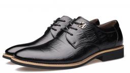 Men's Shoes, Crocodile Leather Shoes Casual Shoes Men's Cowhide Pointed Business British Korean Version Of Cowhide Wedding Shoes Black