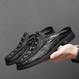 Men's shoes large in summer new fashion breathable half dragged bean shoes men's Korean version of crocodile pattern casual leather shoes