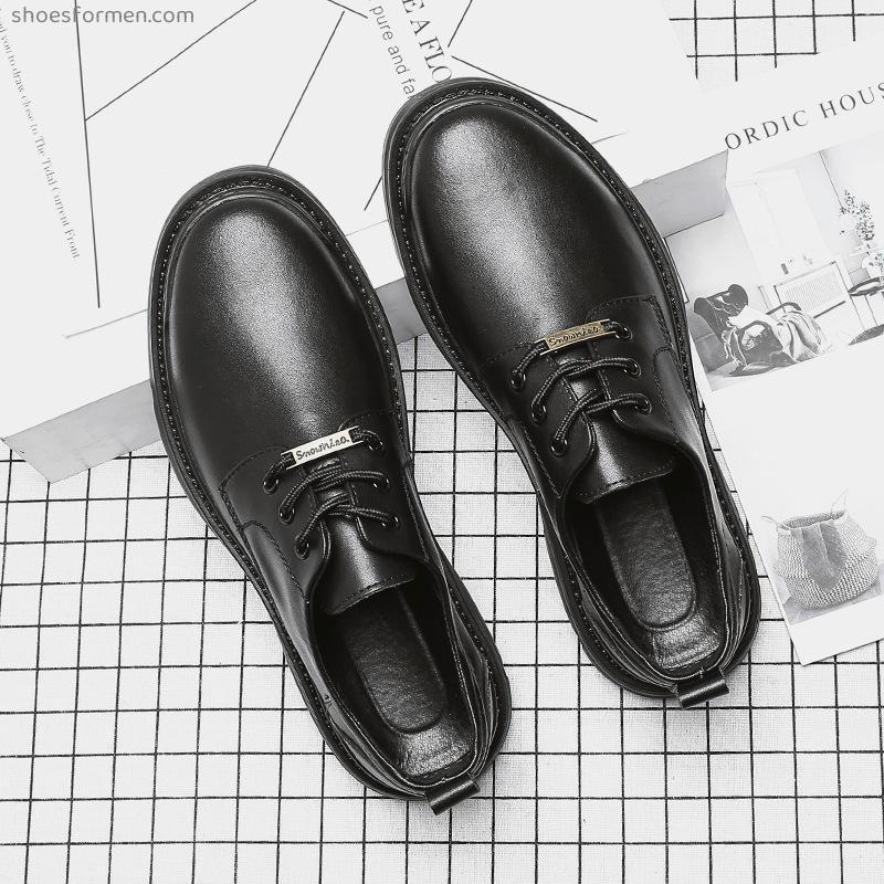 Men's shoes spring trend casual leather shoes black big Martin shoes wild British round head low gang shoes