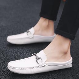 Men's shoes summer new breathable casual lazy shoes youth half dragged bean shoes men's cowhide driving sand slippers
