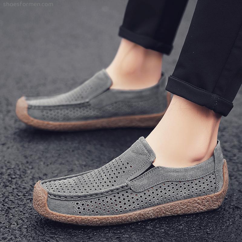 Men's shoes summer new hollow breathable casual light lazy bean bean shoes driver driving foot leather shoes