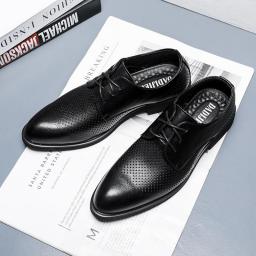 Men's summer breathable hollow business casual leather shoes men's formal Korean version of British leather men's shoes