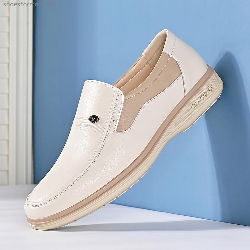 Middle-aged rice white leather shoes business casual men's middle-aged men's shoes light color soft dad shoes