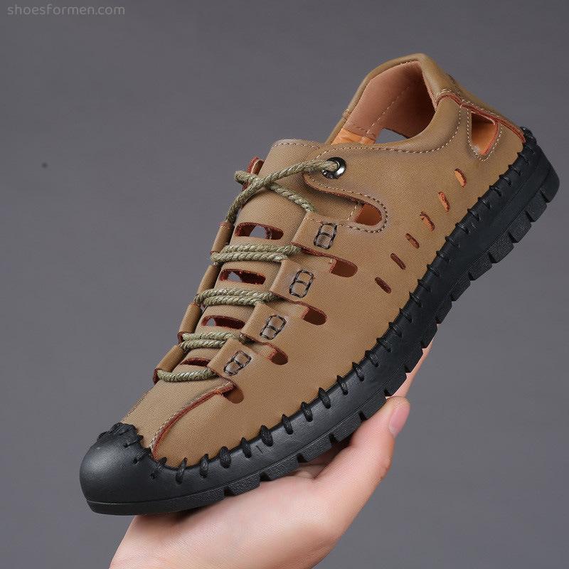 Sandals Men's summer new leather men's casual leather shoes non -slip and breathable hole shoes soft sole beach shoe tide