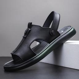 Sandals men's summer trendy soft bottom pure black beach shoes men's fashion outdoor two sand slippers double -layer latex soles
