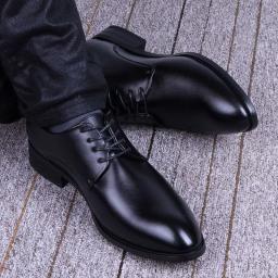 Spring Korean Version Increases Youth Lace -up Men's Leather Shoes, British Casual Business, Pointed Wedding Shoes Men's Shoes