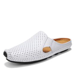 Summer Baotou men's sandals hollow leather shoes breathable bean bean shoes soft soles half lazy men's shoes cave sand slippers
