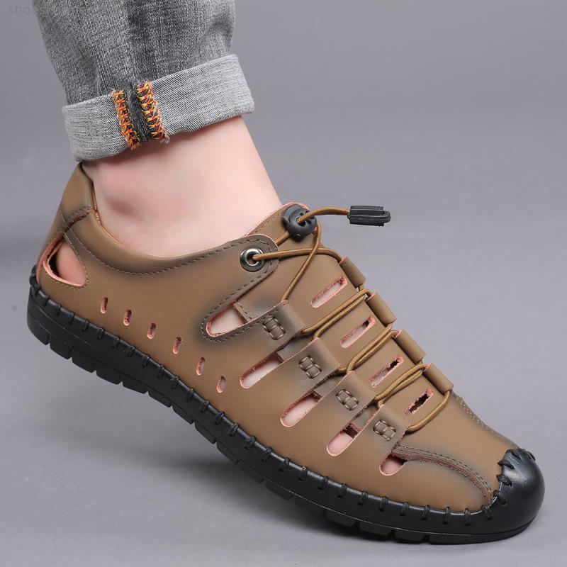 Summer new sandals men's leather men's casual shoes hollow and breathable hole shoes trendy leather sandals